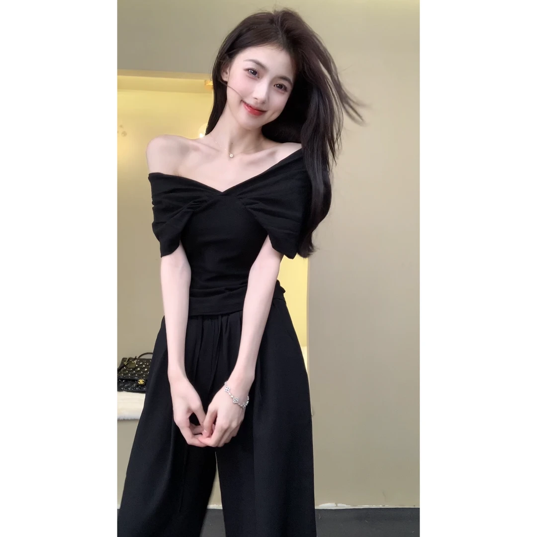 2一字肩性感气质短袖T恤女装夏季修身显瘦打底衫白色短款简约上衣