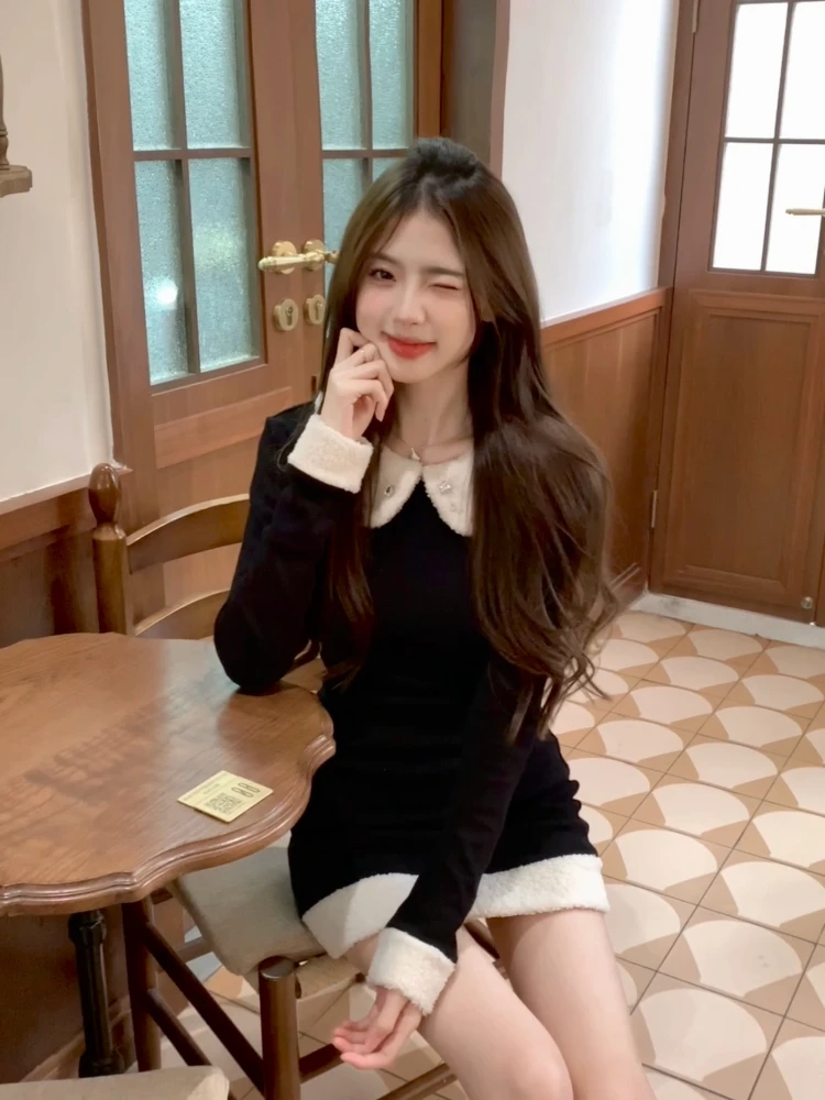 2023秋冬高级感定制重工钻石千金娃娃领连衣裙女甜美风毛茸茸裙子