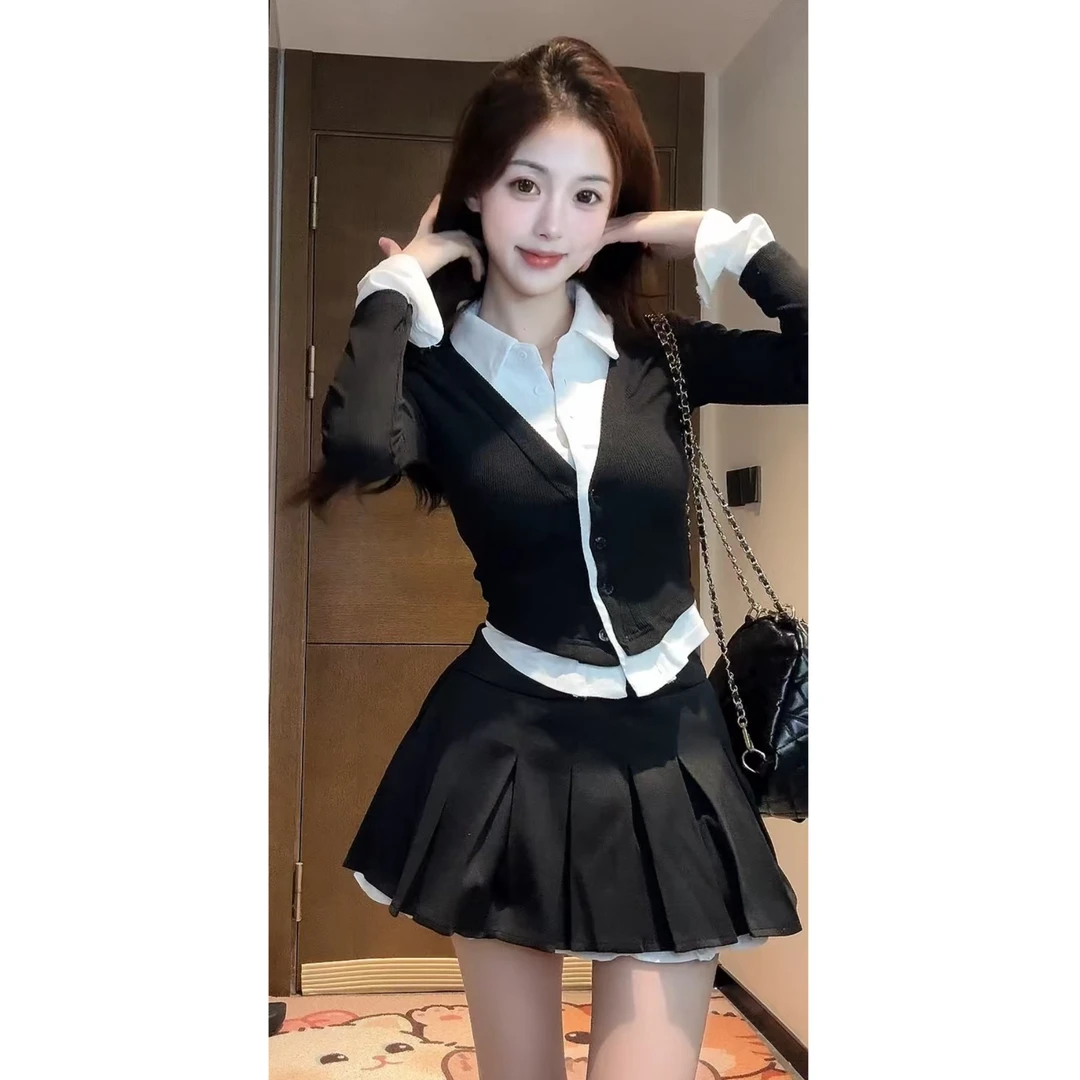 【XIAOBAWANG】时尚拼接学院风套装女2024新款气质修身显瘦百褶裙W