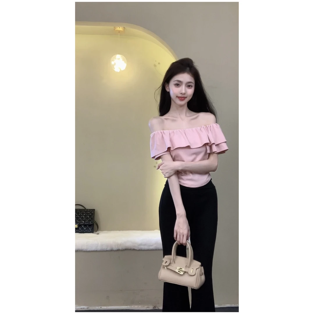 （清仓）一字肩性感纯欲短袖T恤修身褶皱荷叶边蓝色短款别致小上衣