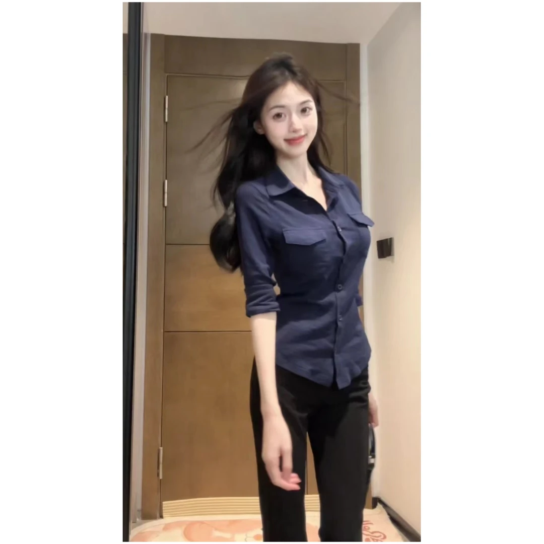 （清仓)polo领收腰修身长袖衬衫女夏季设计感气质显瘦上衣T3