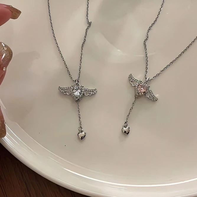 铁合金仿水晶项链 丘比特之心项链女爱心天使锁骨链轻奢心形颈链