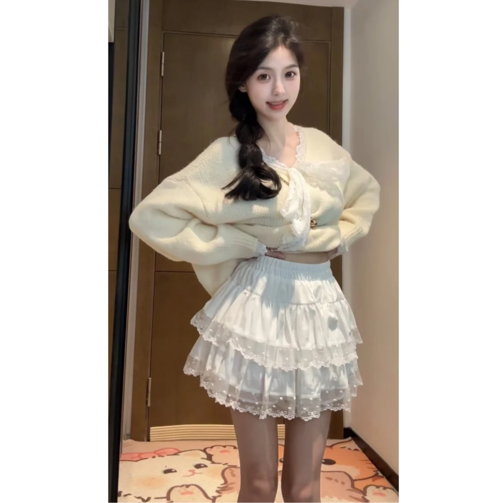【XIAOBAWANG】设计感蕾丝花边半身裙高腰显瘦拼接蛋糕裙短裙W