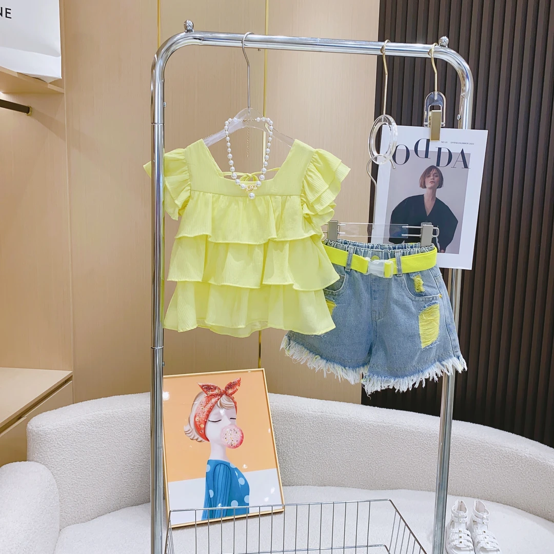 【波波家】女童2023夏季女童时尚百搭小飞飞袖上衣+牛仔短裤--Y891S