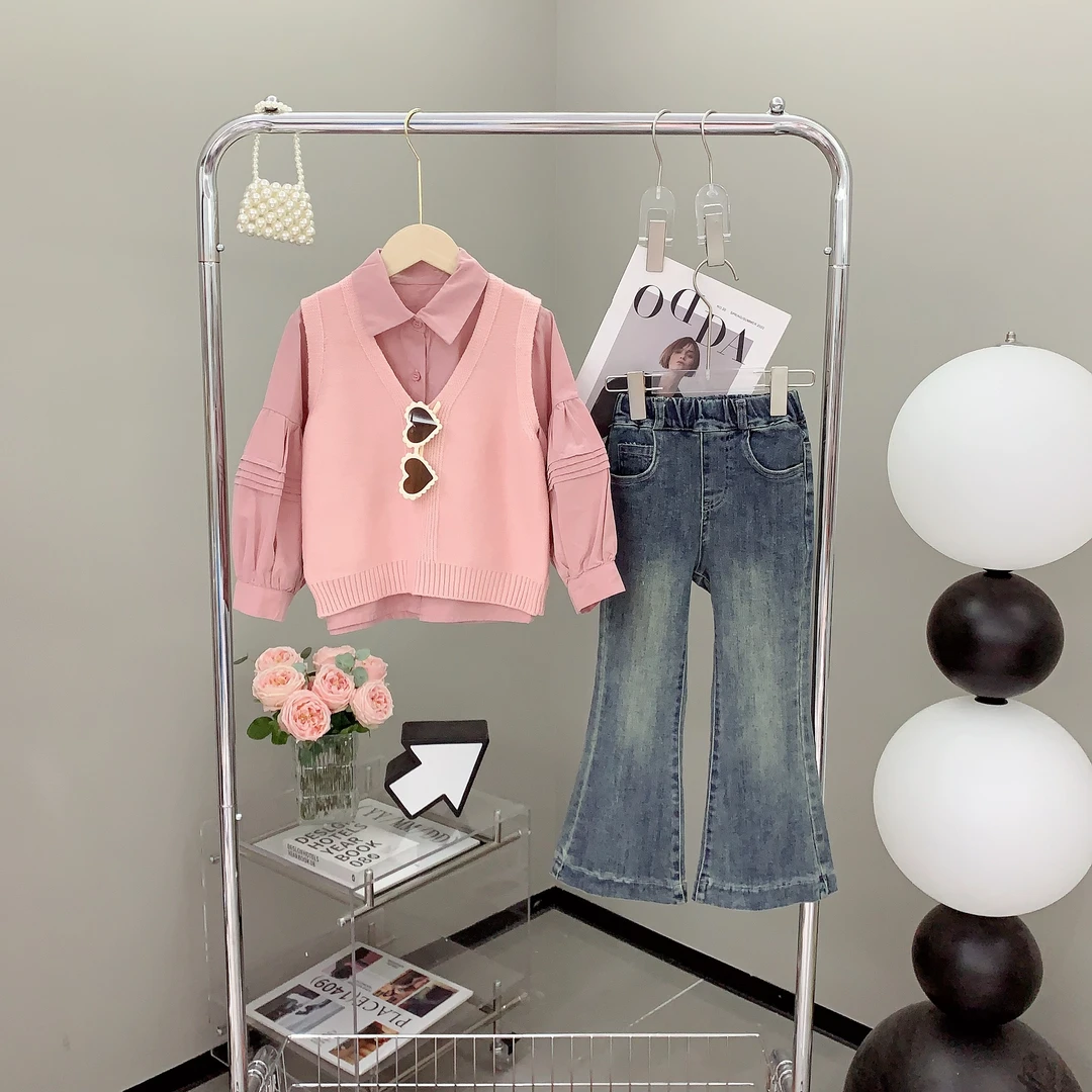 【波波家】2024秋季女童时尚百搭百搭针织开衫上衣+裤子—Y2775