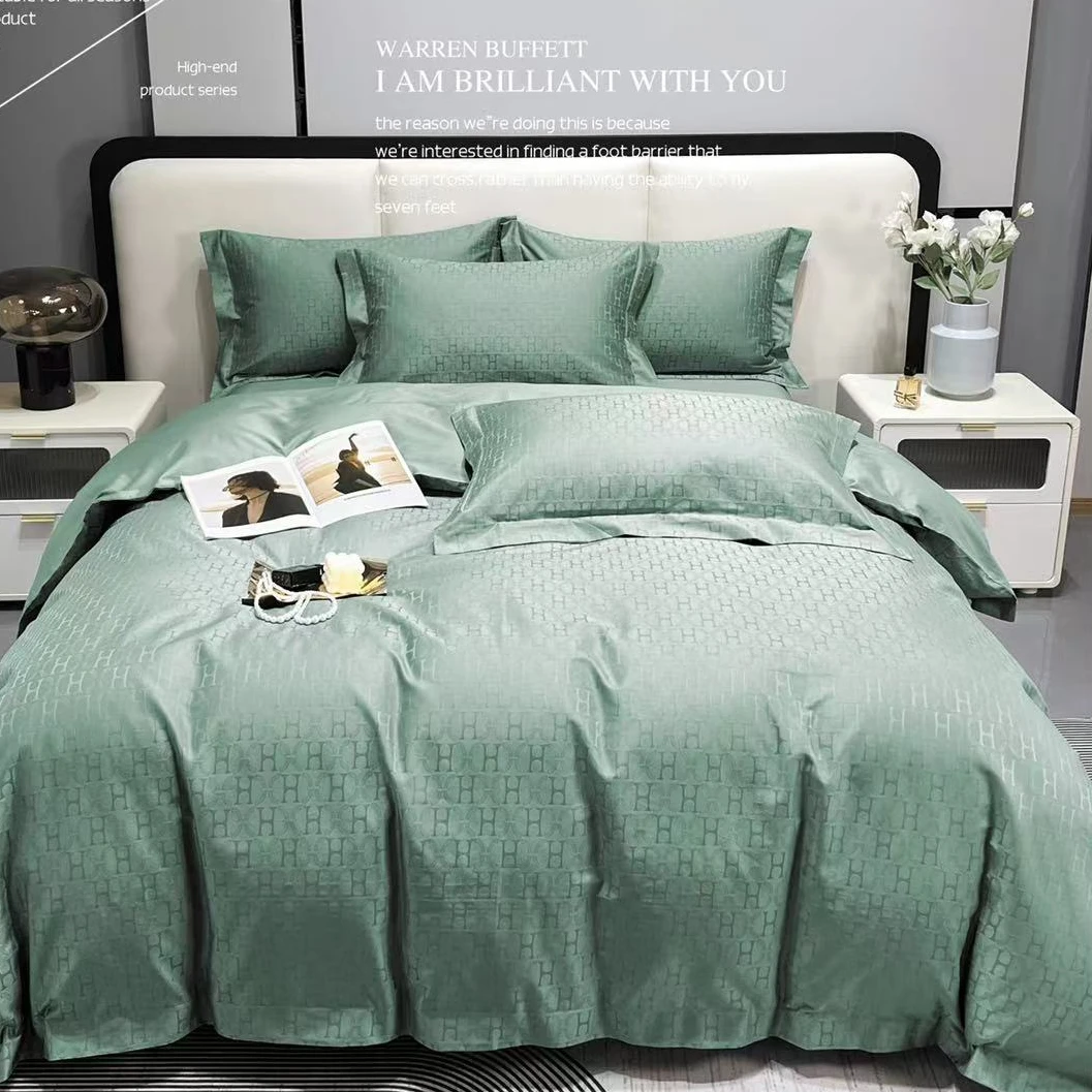 【源头工厂】高奢柜柜款140S贡缎提花长绒棉四件套-艾马仕-翠绿