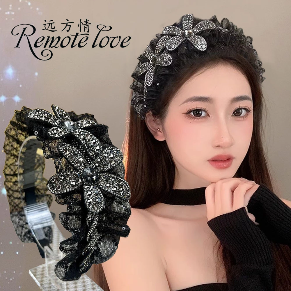remote love/远方情轻奢网纱水钻花朵发箍法式优雅宽边发卡T2166