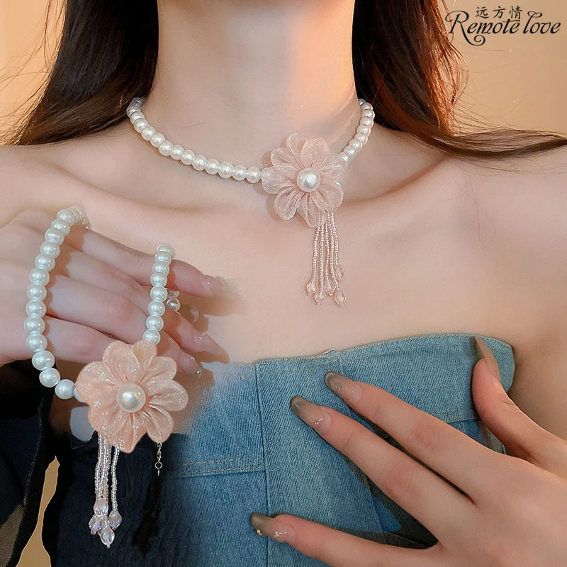 remote love/远方情 合金仿珍珠项链 超仙网纱花朵水晶项链女N273
