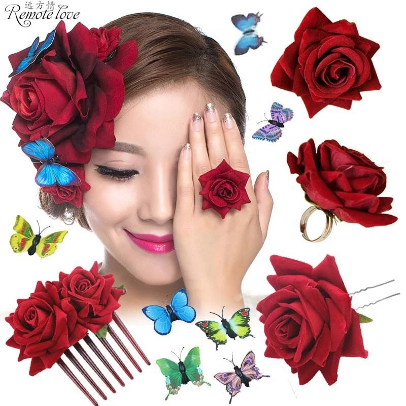 remote love/远方情 锌合金布艺发饰 玫瑰花戒指女发夹胸针T267