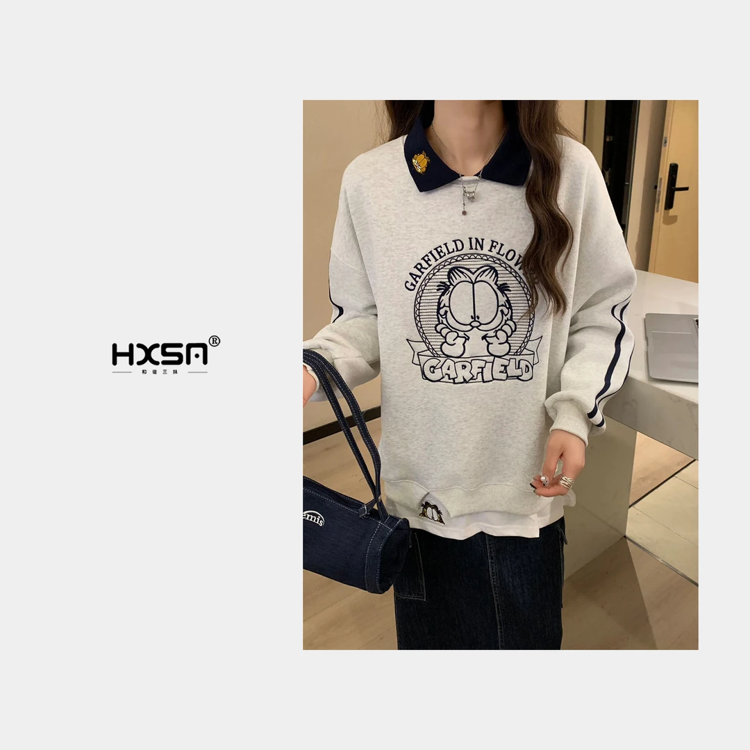 （现）HXSM「拉条加菲猫」冬加绒减龄百搭polo领卫衣16701