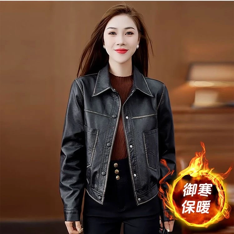 加绒加厚皮衣短外套女2024秋冬季新款时尚洋气皮衣pu皮夹克上衣潮