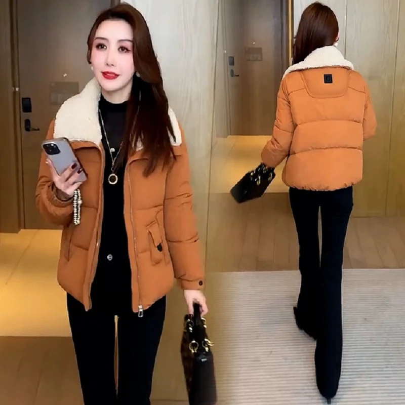 时尚短款大翻领羽绒棉服女2024冬季新款韩版宽松休闲保暖棉衣外套