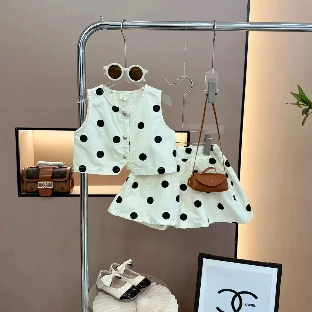 女童2025夏季韩版波点上衣短裤两件套女宝宝时尚洋气无袖点点套装