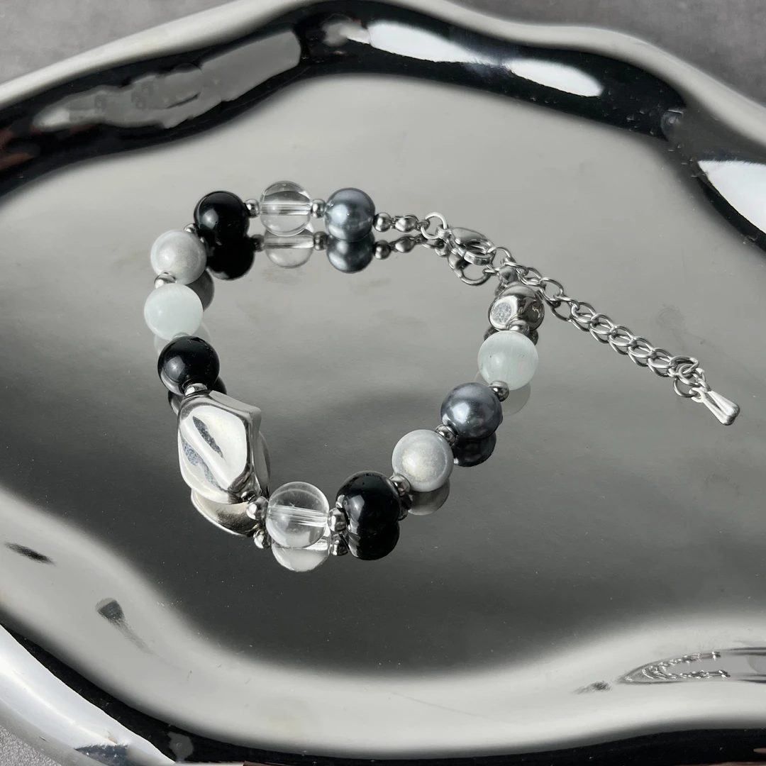 钛钢手链 GP1641 小众简约银色水墨色珠珠手链