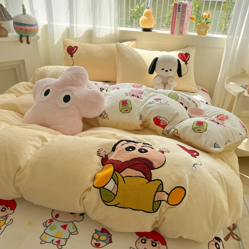 牛奶绒床上四件套冬季加绒蜡笔小新儿童毛巾绣卡通珊瑚绒床单被套