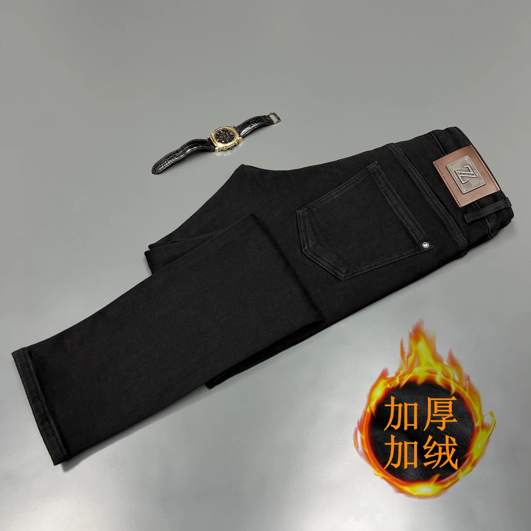 裤子秋冬新品加厚加绒保暖时尚百搭潮流男士修身黑色弹力牛仔裤