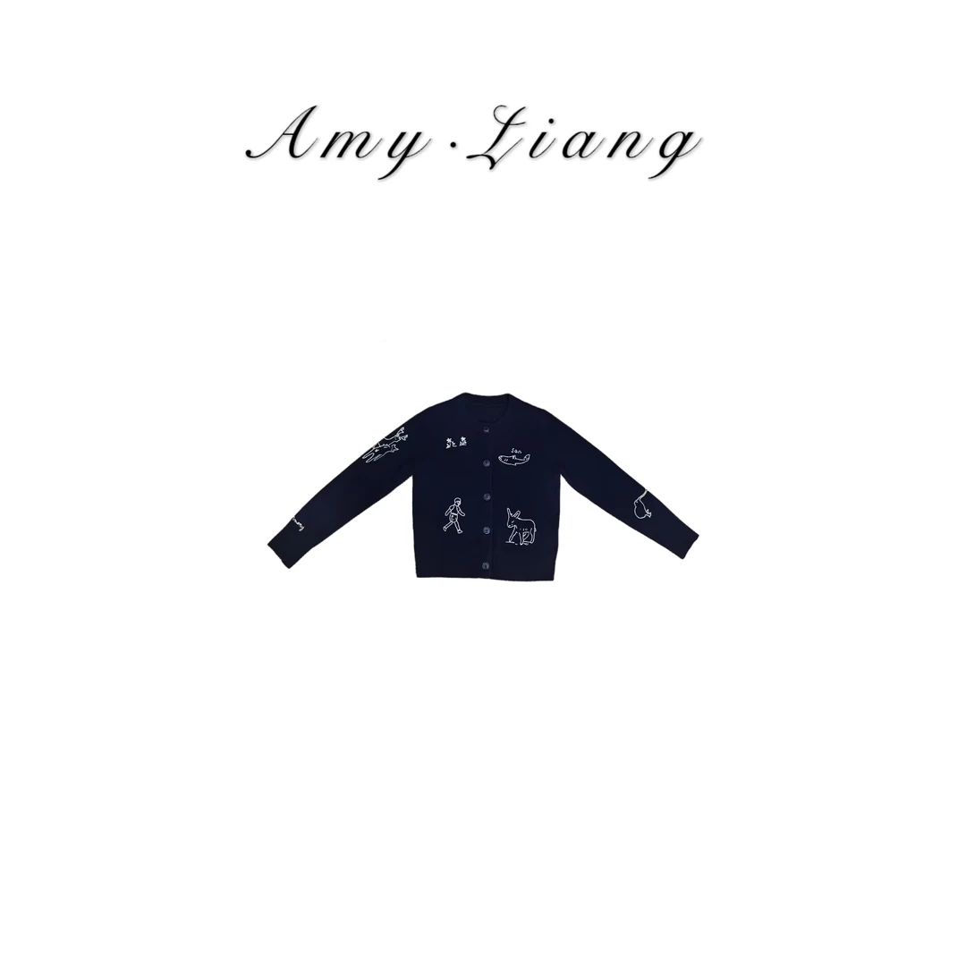 AmyLiang【风染的蓝】卡通刺绣圆领开衫毛衣 401768