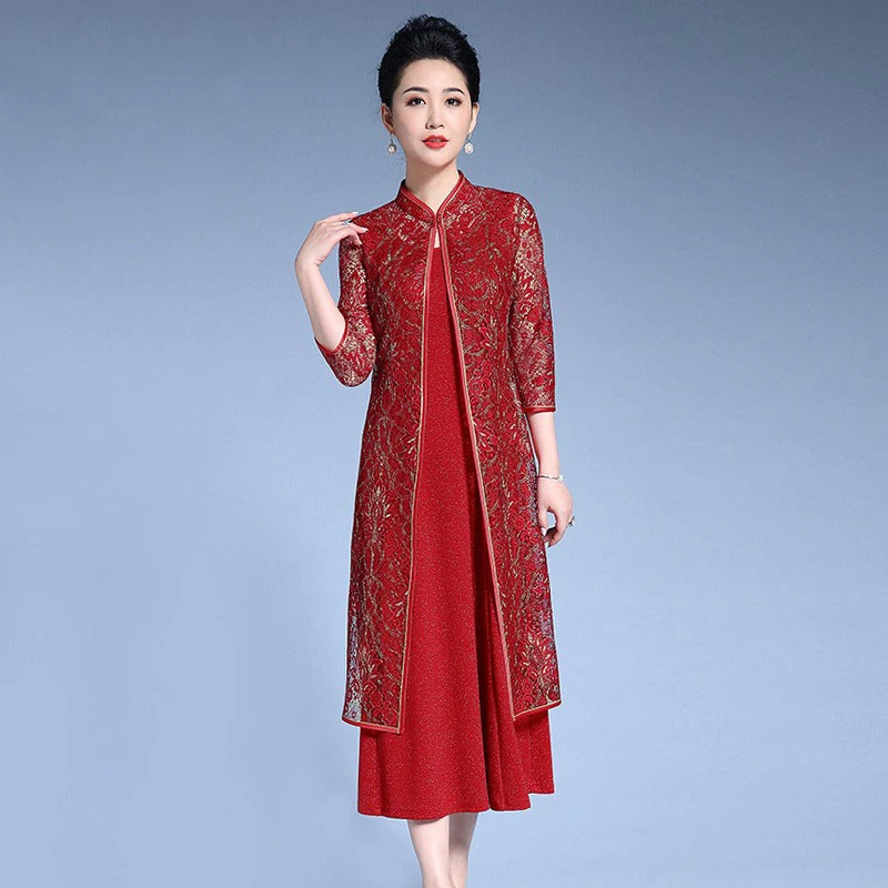 喜婆婆中式旗袍两件套春夏装高档大码婚礼妈妈蕾丝连衣裙长款洋气