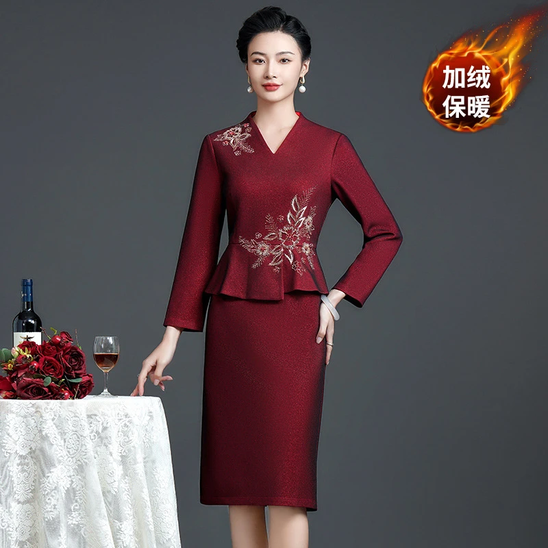 新娘结婚妈妈秋冬加绒礼服春秋高贵喜庆婆婆婚宴装洋气旗袍连衣裙