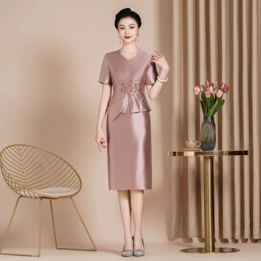 婚礼妈妈装嫁女儿粉色礼服裙夏季高档喜庆婆婆优雅中式婚宴连衣裙