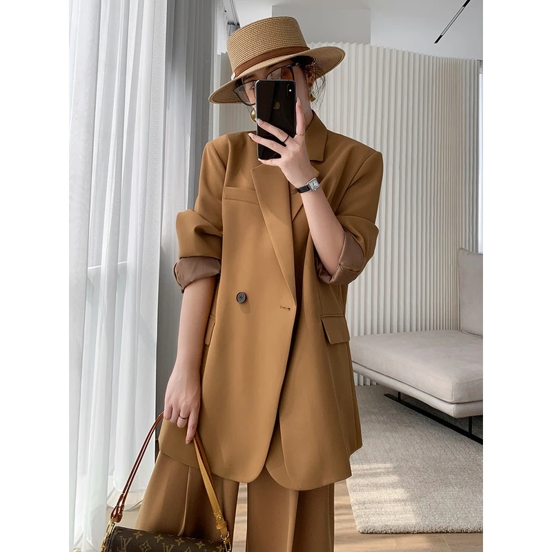 橘色西装外套女2025秋季时尚气质垂感不易皱阔腿裤西服韩版小西装