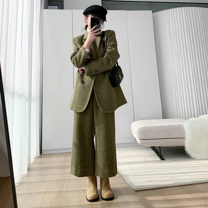 羊毛西装外套女2025年冬装新款时尚气质修身显瘦九分阔腿裤套装