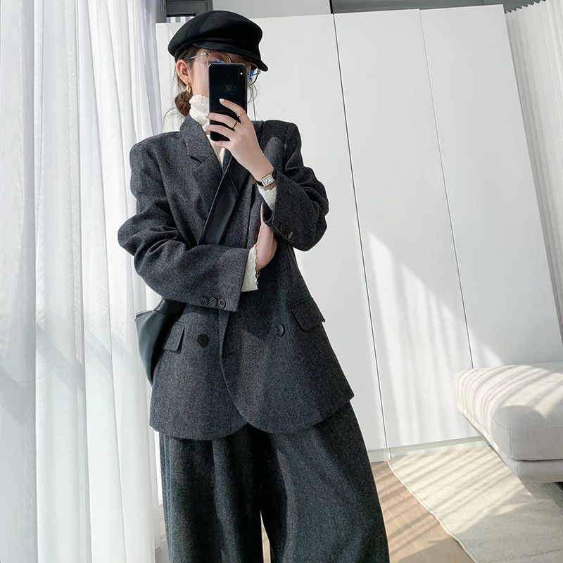 懂点毛呢外套女2025冬季新款韩版休闲羊毛人字纹西装阔腿裤两件套