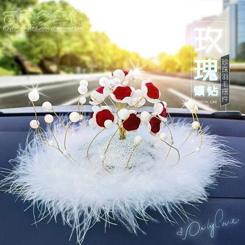 网红汽车2024年新款镶钻玫瑰花中控台女神高档香水内饰品创意摆件