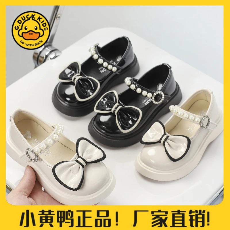 【小黄鸭正品】女童公主皮鞋2024秋季新款中大童蝴蝶结软底洋气单
