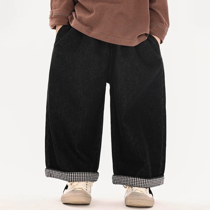 男童牛仔裤秋季儿童宽松春秋春款裤子格子拼接休闲裤帅气直筒潮流