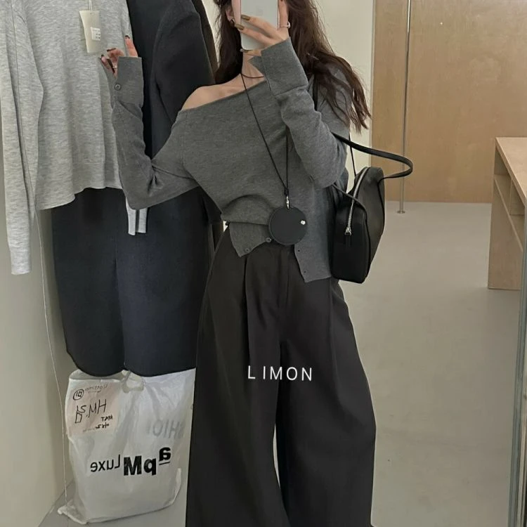 法式名媛风针织衫2024秋季新款甜美风斜肩开衩女宽松休闲百搭打底