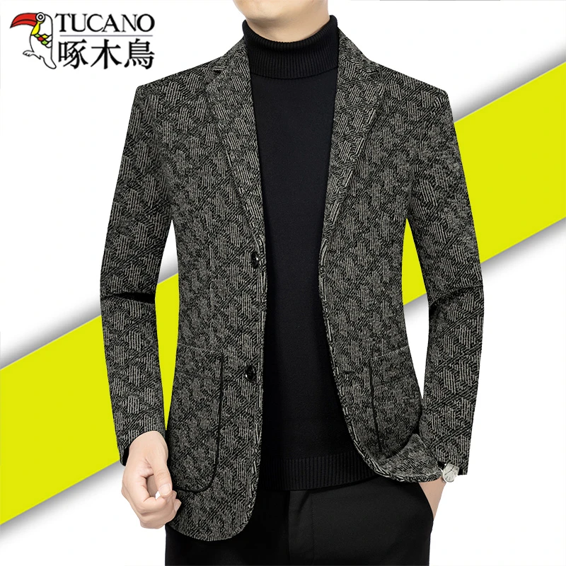 啄木鸟男士西服2023秋冬款毛呢外套男商务休闲西装男装单西上衣