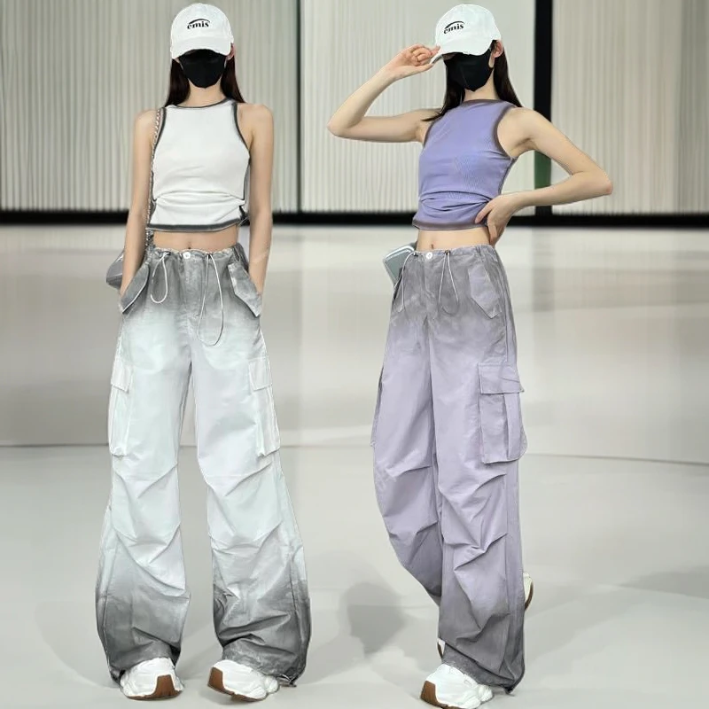 夏季新款运动欧货渐变色晕染显瘦工装裤宽松口袋阔腿褶皱休闲裤女