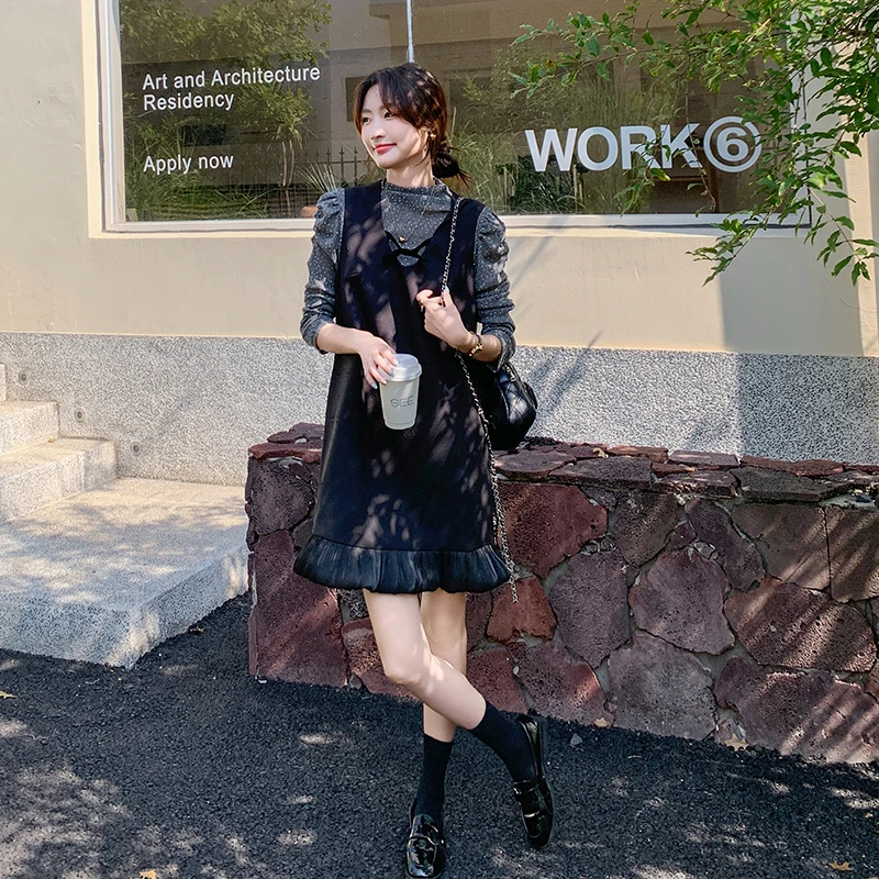 法式小香风两件套秋季款烫钻针织打底黑色连衣裙套装女广州十三行