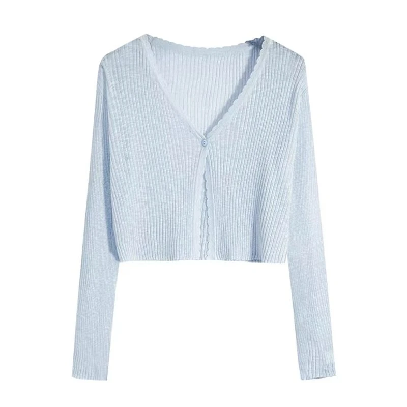 纯色V领长袖薄款针织衫开衫女2025年早秋纯色气质短款时尚上衣