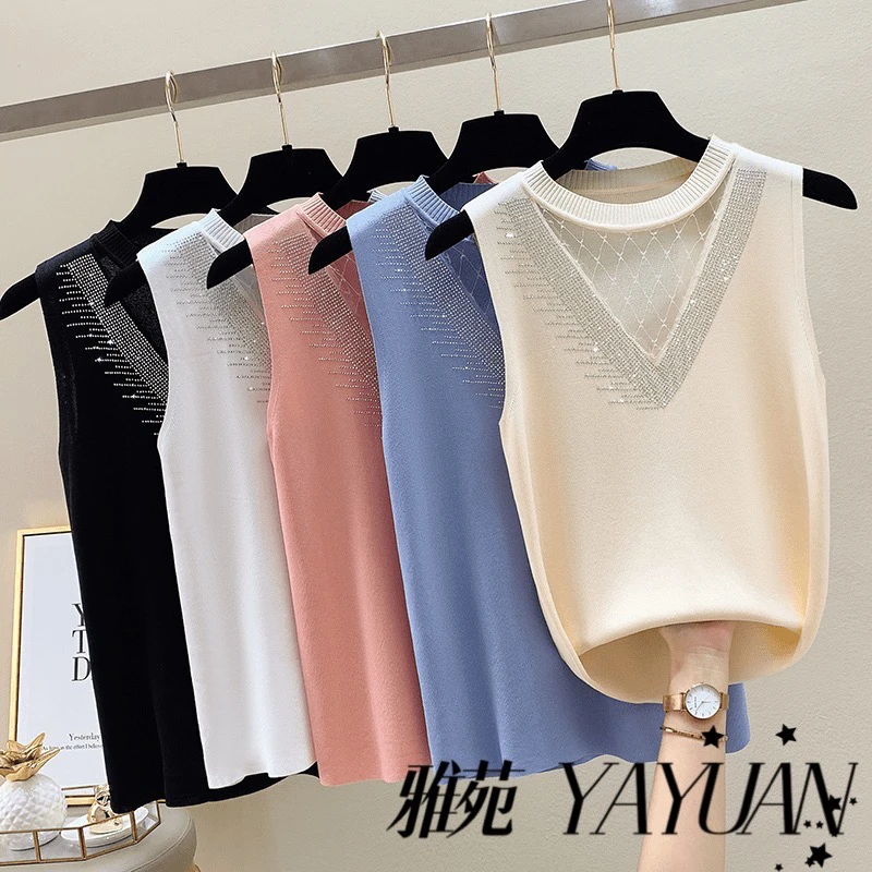 雅苑冰丝吊带背心女2025夏新款西装内搭镂空网纱针织大码无袖上衣