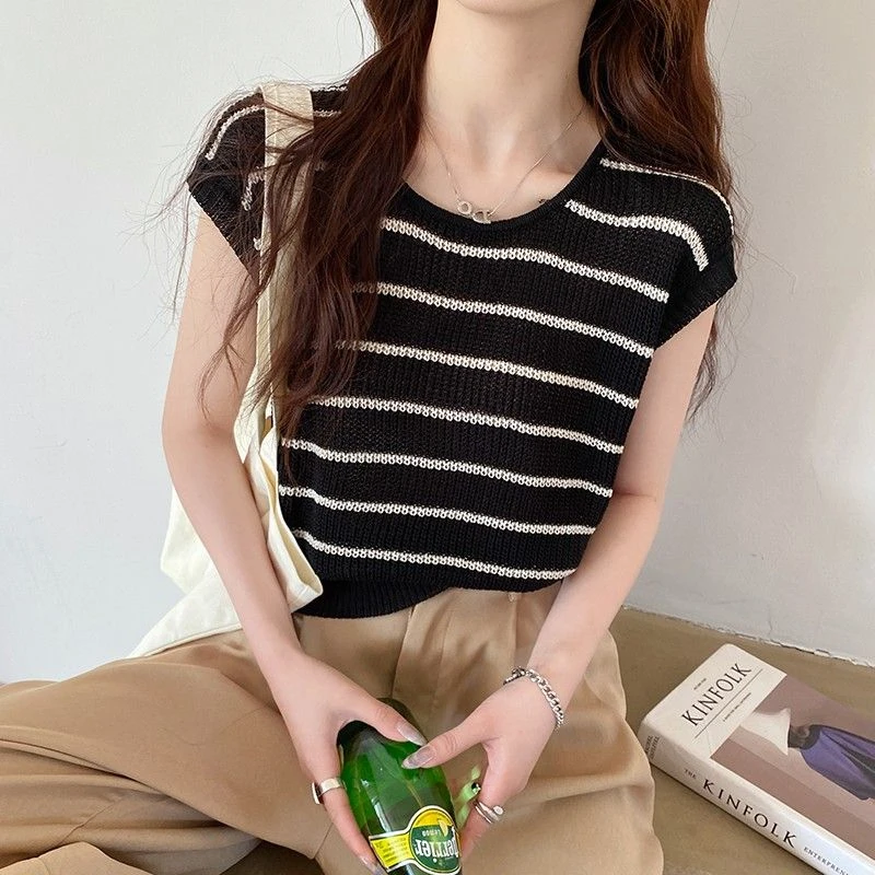 条纹无袖背心T恤女薄款夏季2024新款设计感小众亚麻冰丝针织上衣