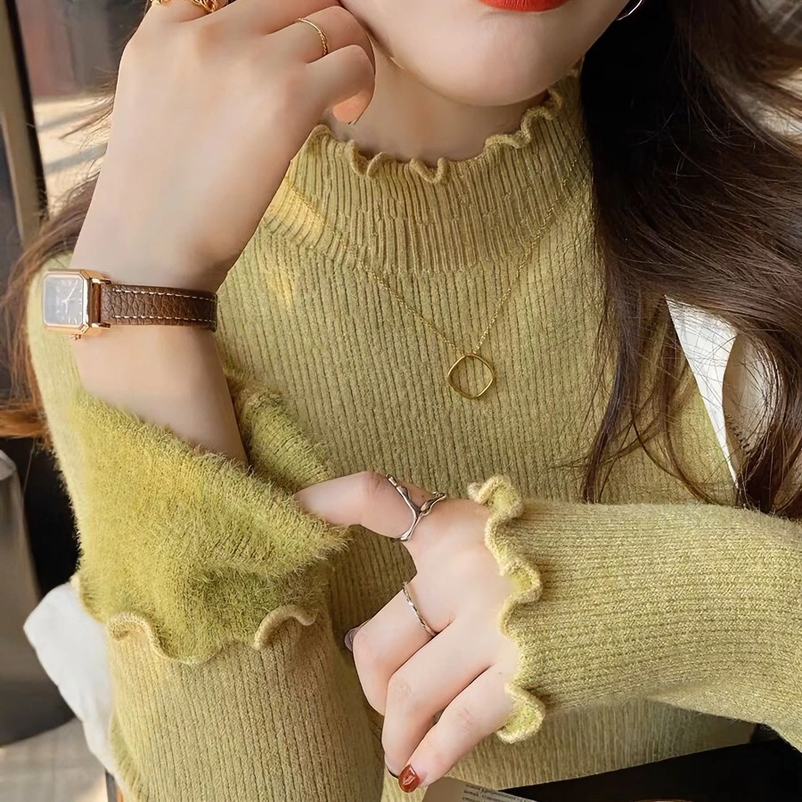 一体绒加厚毛衣女木耳边打底衫内搭半高领套头针织保暖百搭上衣