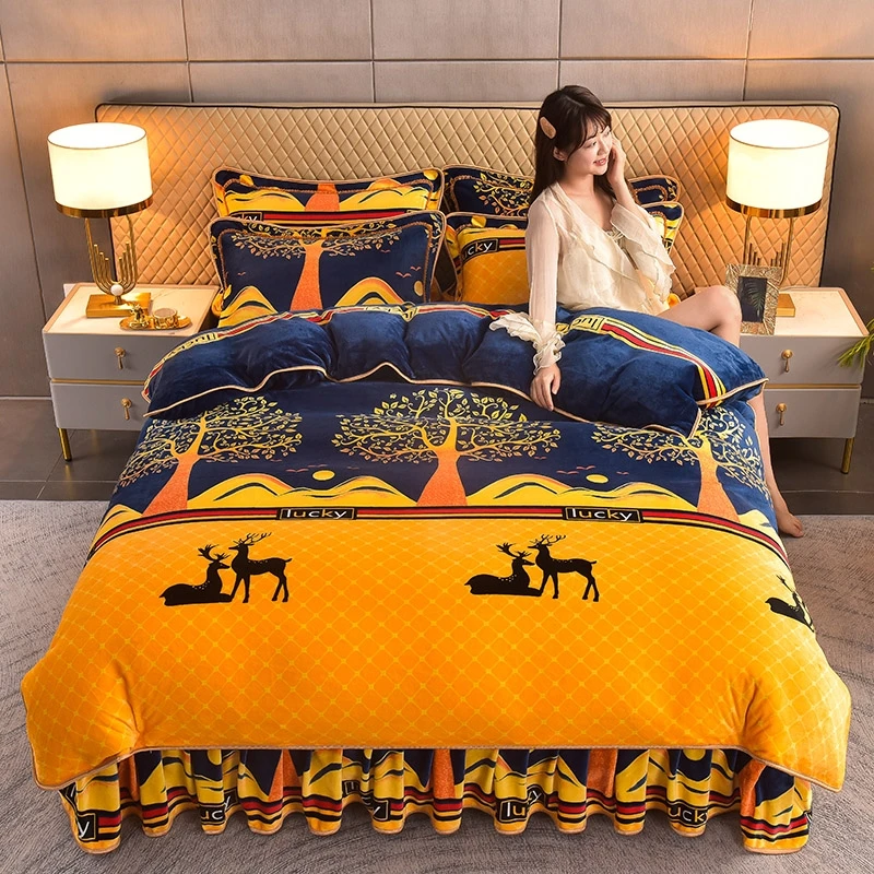 冬季牛奶绒床裙四件套加绒高克重加厚床罩绒被套单件套双面绒毛绒