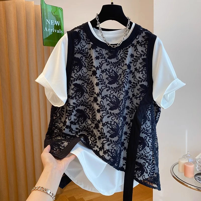 胖MM大码宽松设计感提花蕾丝马甲T恤女漂亮短袖两件套装上衣减龄