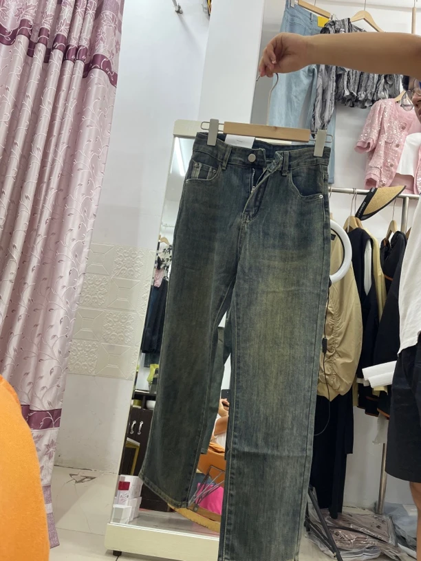 磨砂水洗做旧烟管裤九分弹力