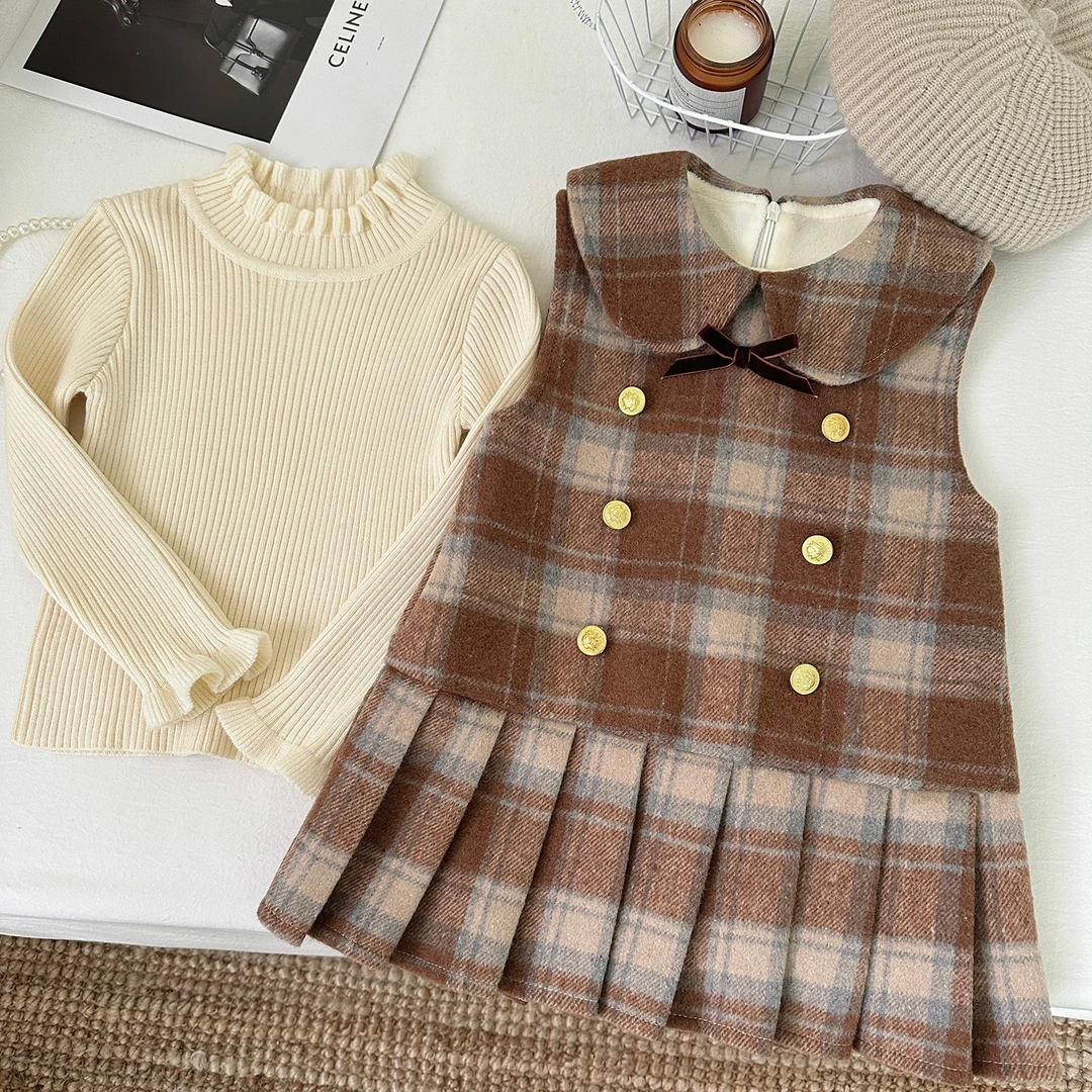 【布雷玛奇朵】女童秋冬加绒加厚套装女孩学院风百褶裙两件套D68655