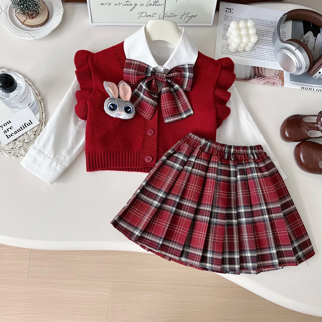 【冈梨田萌兔】女童秋季新款jk衬衫学院风套装马甲裙子三件套67562