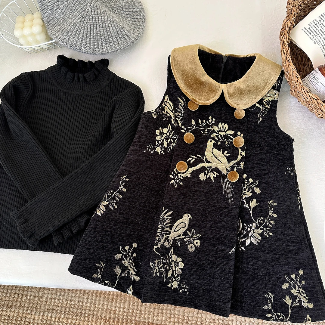 【复古】女童复古中式萌娃冬装洋气加绒加厚冬款保暖连衣裙D68713