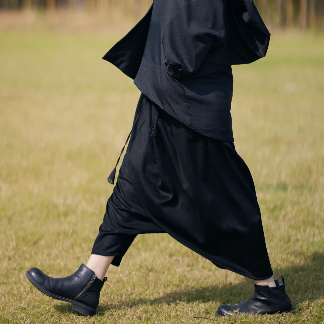 秋冬季343篱君新款吊裆裤中式大衣面料黑色百搭显瘦厚裤子女