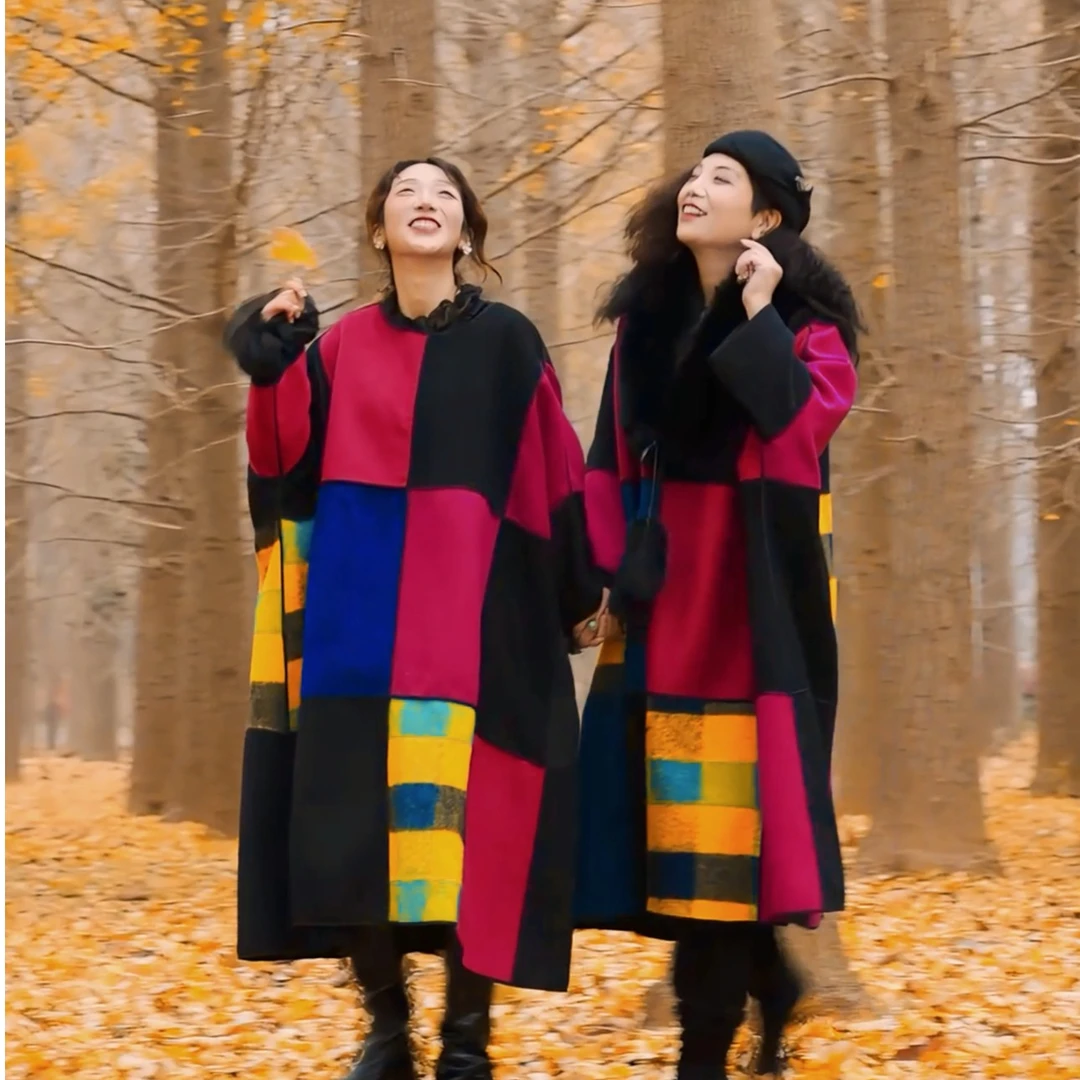 351篱君秋冬季加厚拼接彩色连衣裙时尚宽松大码长款撞色羊毛长裙