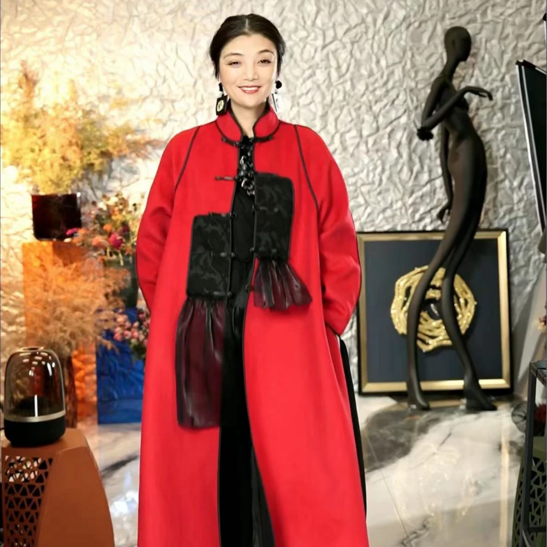 276篱君原创女士中国风复古红色中式秋冬双面穿中长款大衣外套
