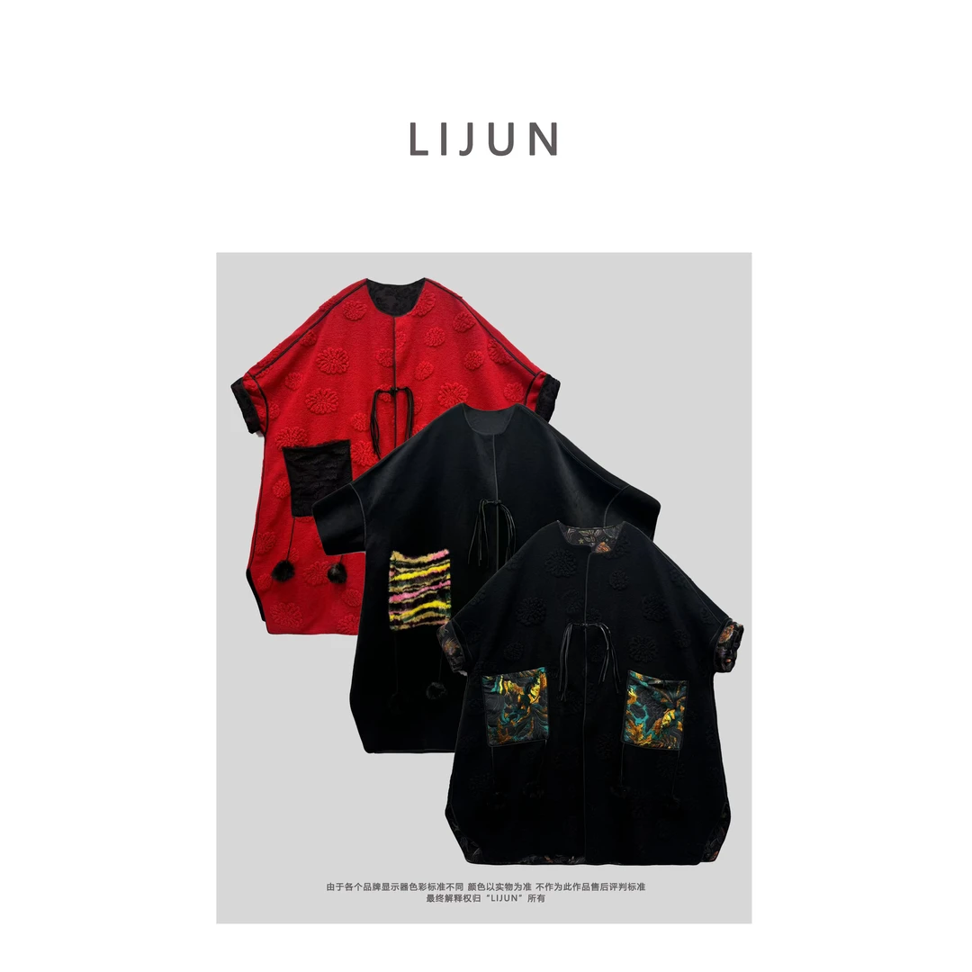 319篱君秋冬新款国风双面穿重工大衣民族提花绵羊毛廓形保暖大衣