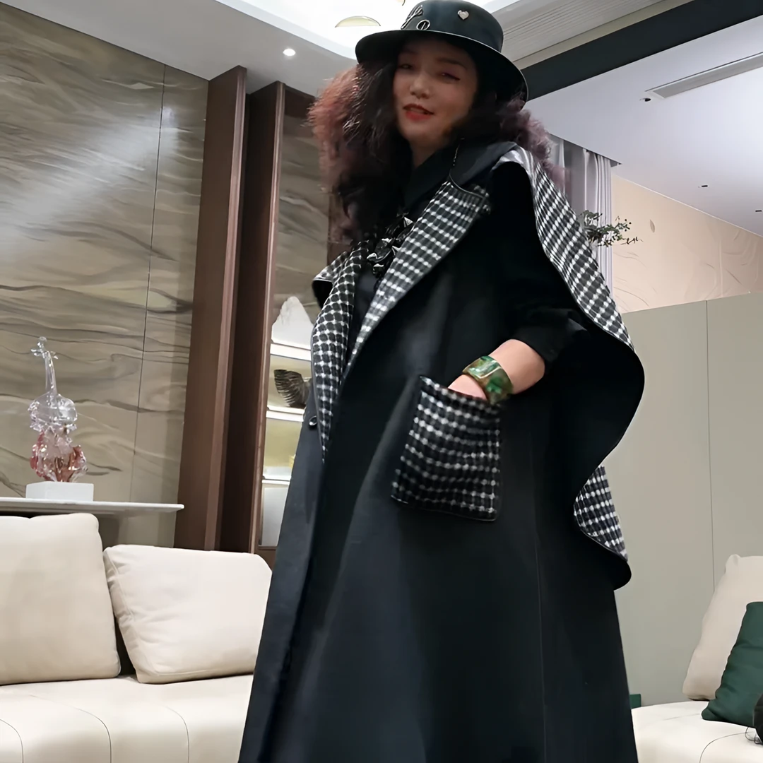 外套篱君秋冬新款多种穿法格子大衣英伦风时尚休闲百搭双面穿斗篷
