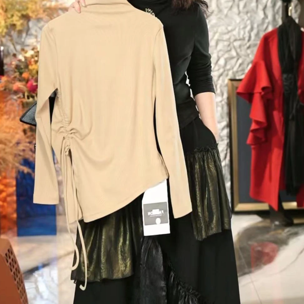 打底衫篱君原创秋冬小高领高弹力气质纯色抽褶百搭上衣